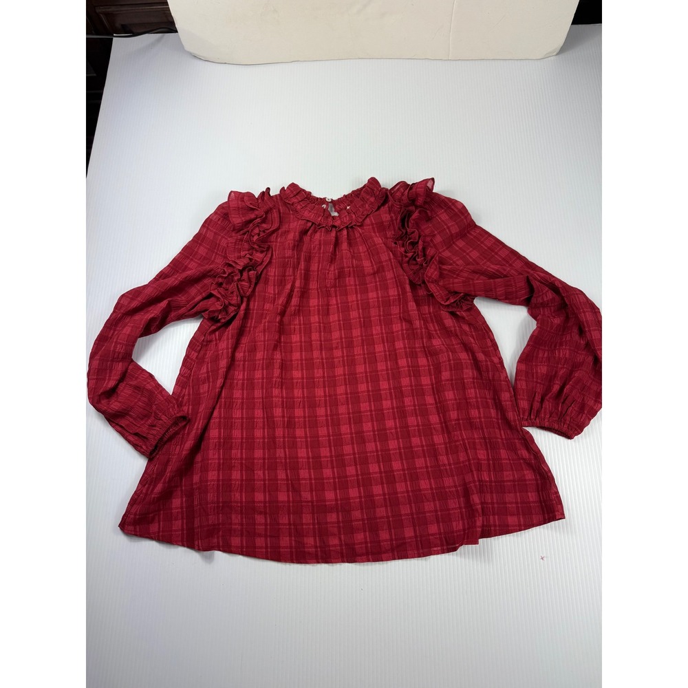 Entro Plaid Ruffle Long Sleeve‎ Blouse Top Keyhole Casual Red Size S